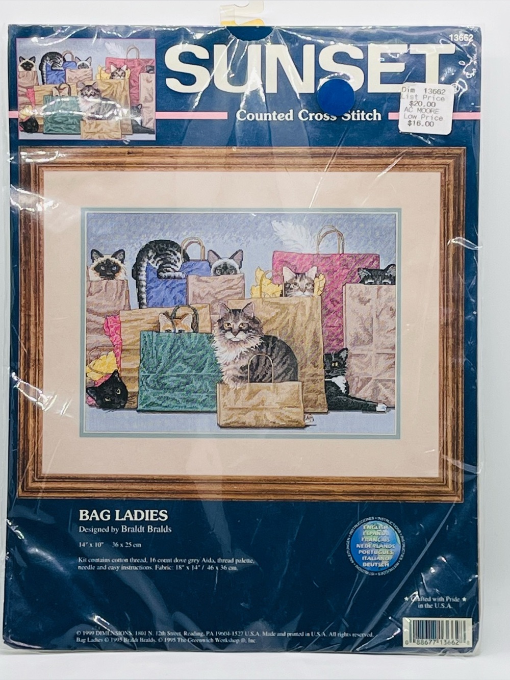 Sunset Bag Ladies 13662 Kitty Cat Counted Cross Stitch Kit 16 ct Dove Grey Aida